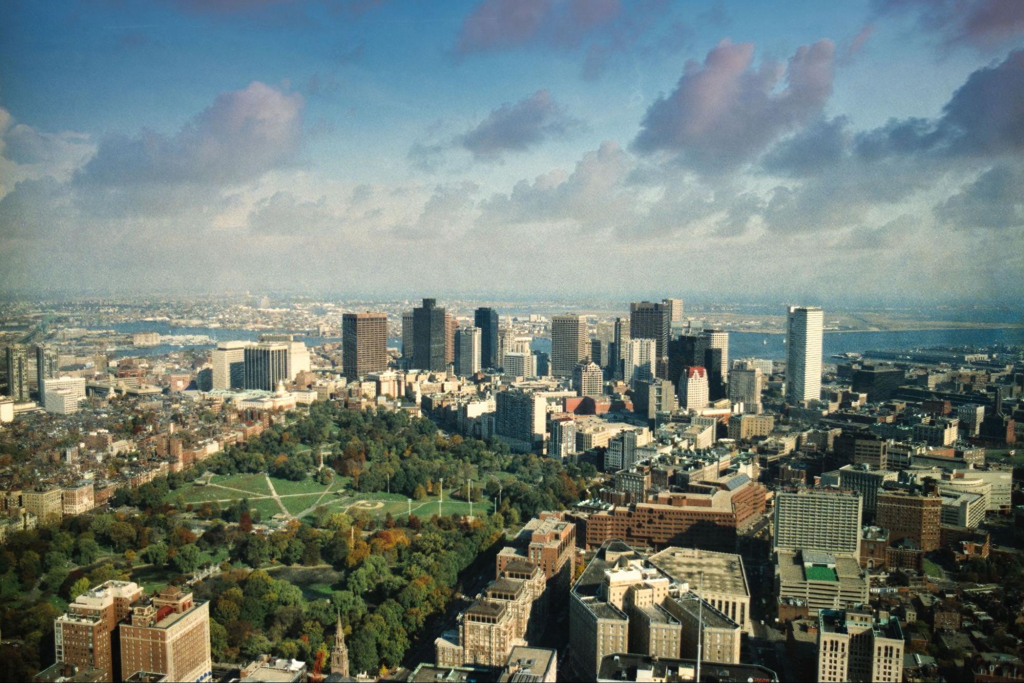 Aerial view of downtown Boston, part of Tully's Greater Boston commercial cleaning service area.