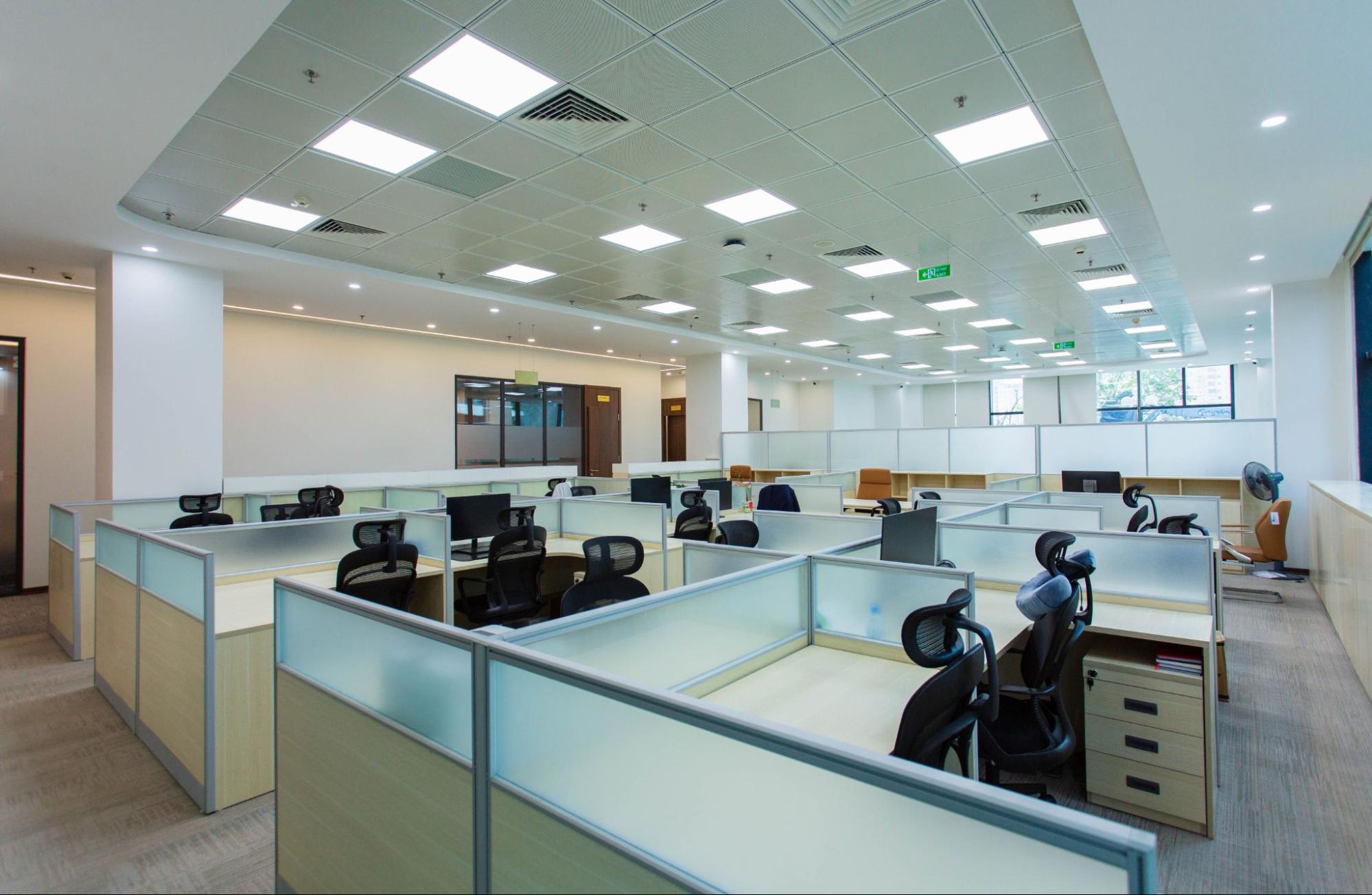 A clean open office workspace ready for the workday after commercial office cleaning services from Tully's Cleaning Company.