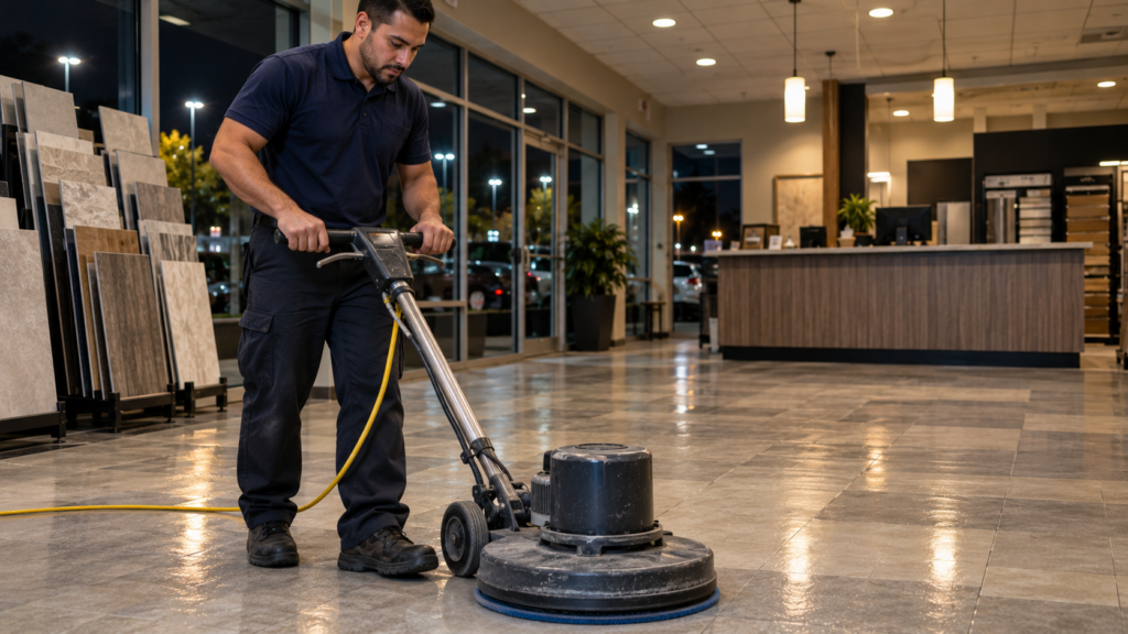 Worker buffing a showroom tile floor at night, typical commercial cleaning for Abington, MA businesses